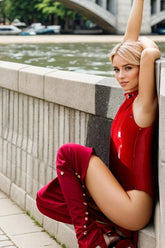 Women Red Latex Bodysuits High Cut Front Zip