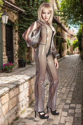 Women Latex Catsuits Sexy Transparent Drape Sleeves