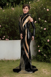 Women Latex Dress Spikes Black and Nude Gown