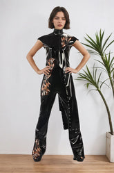 Women Black Latex Tops Martial Inspired Polo
