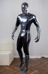 Men Latex Catsuits Cosplay Black Silver Spider Coverage