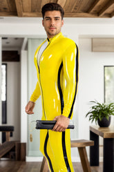 Men Latex Catsuits Martial Arts Bruce Lee Style Yellow Stripe