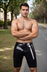 Men Latex Shorts Red Side Stripes Hidden Zipper