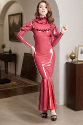Women Latex Dress Exaggerated Princess Victorian-Inspired Red With Ruffles & Fishtail