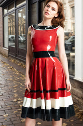 Women Latex Dress Horizontally Yours Skirt Retro Color-Block Red Flared Horizontal Stripe