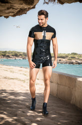 Men Black Latex Bodysuits Windows Surfsuit