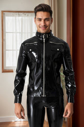Men Latex Jacket Zip Biker Black