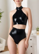 Women Latex Lingerie Black Sexy Two-Piece Set High-Neck