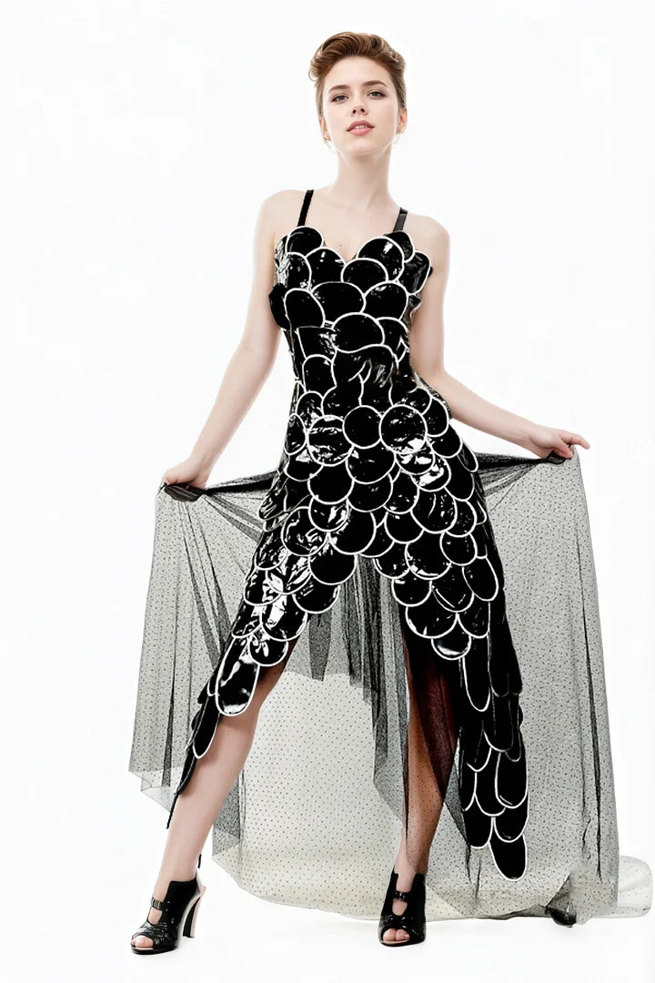 Women Black Latex Dress with Petal Layers