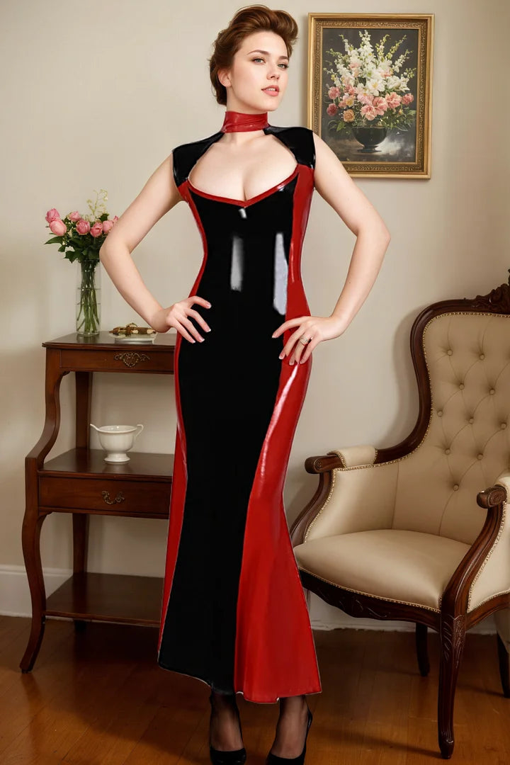 Women Latex Dress TwoTone Bust CutOut Mermaid Gown