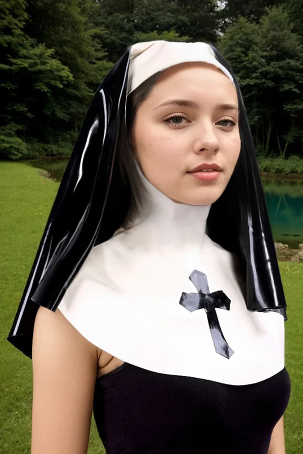 Women Latex Headdress Black Nun Habit Cross