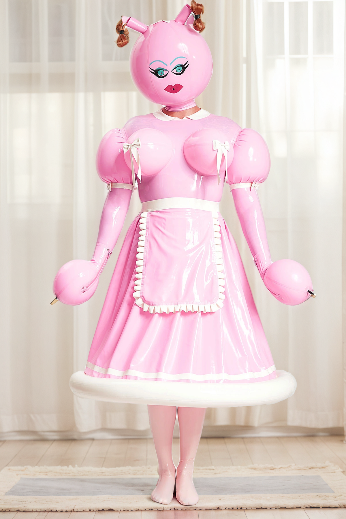 Women Latex Dresses Pink Cartoon Inflatable Maid