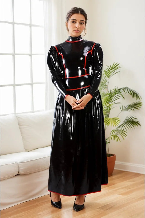 Women Latex Dress Black Victorian Gown