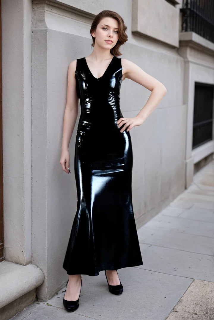 Women Latex Dress Black Minimalist Evening Gown