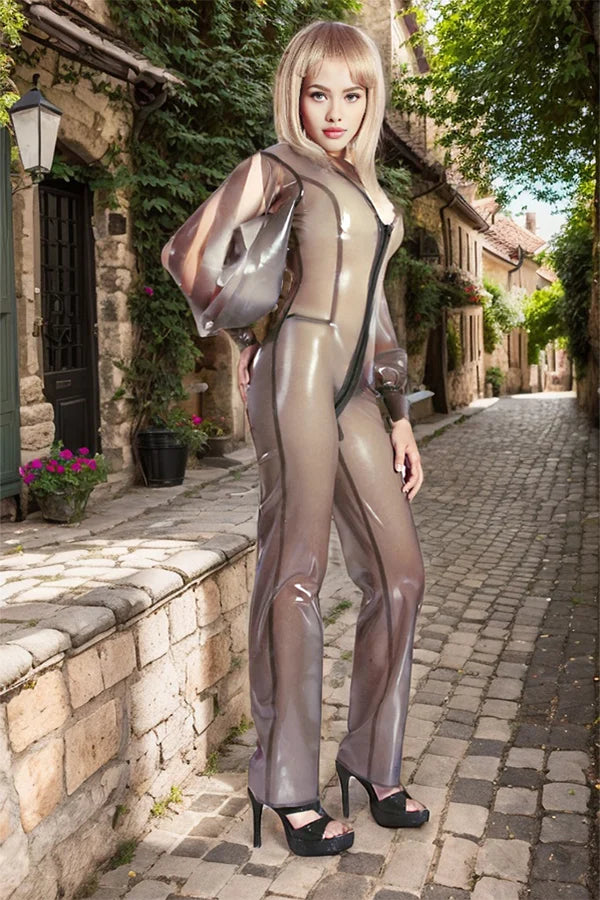 Women Latex Catsuits Sexy Transparent Drape Sleeves
