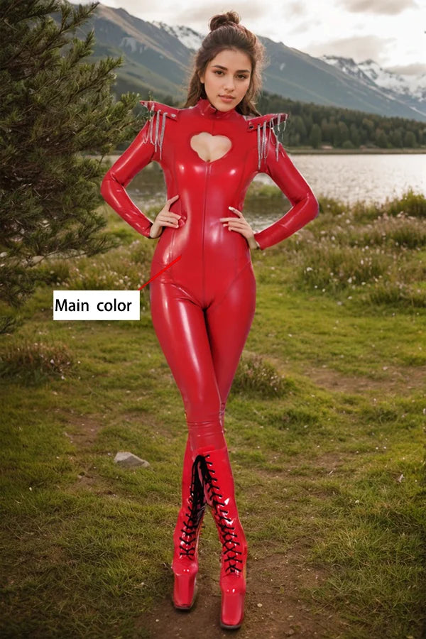 Womens Red Latex Catsuit Heart Cutout Spiked Shoulders