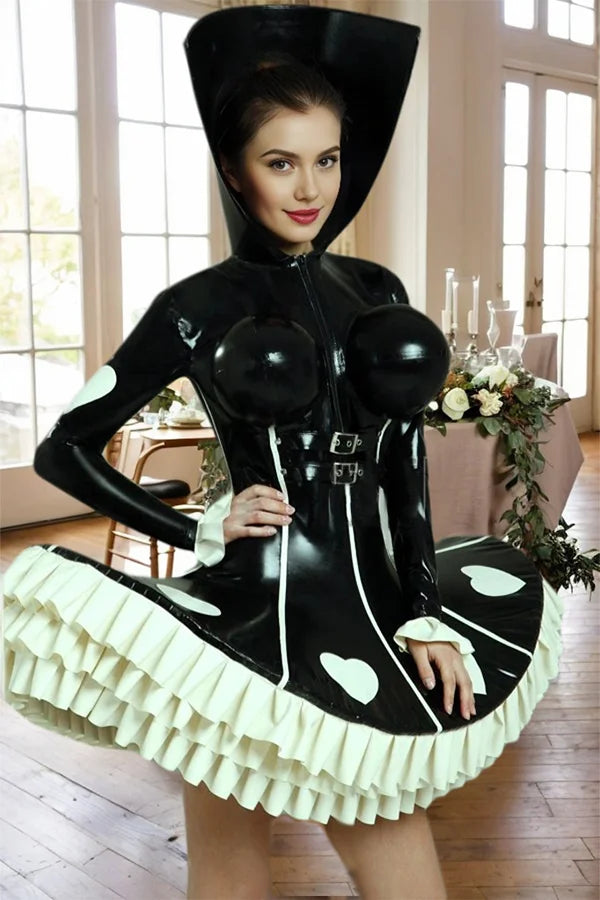 Women Latex Dress Structured Bust Collar Voluminous Ruffles