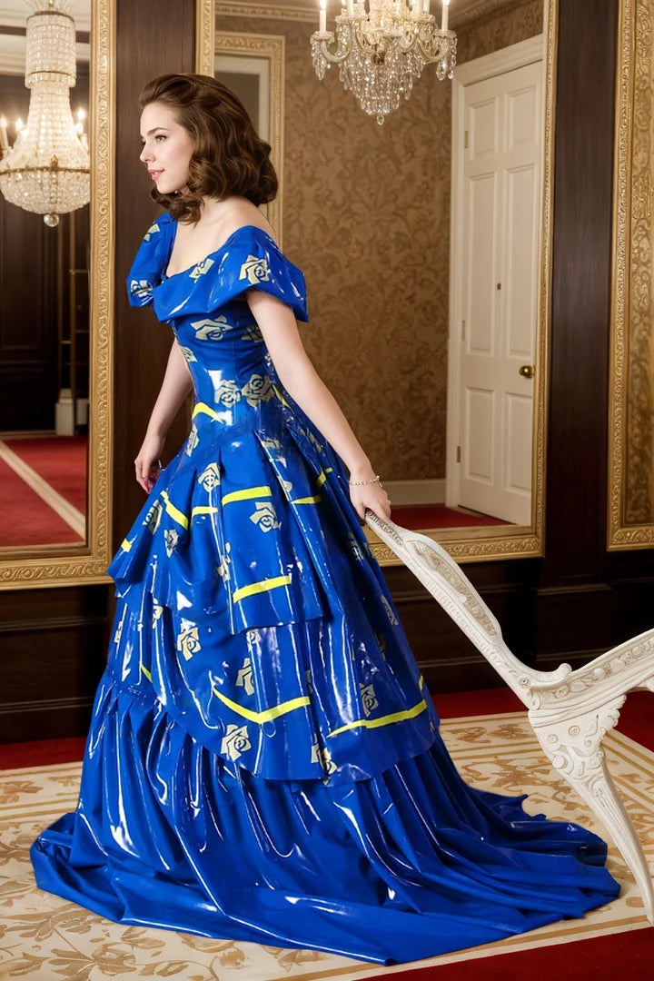 Women Blue Latex Dress Gala Gawow Golden Accents