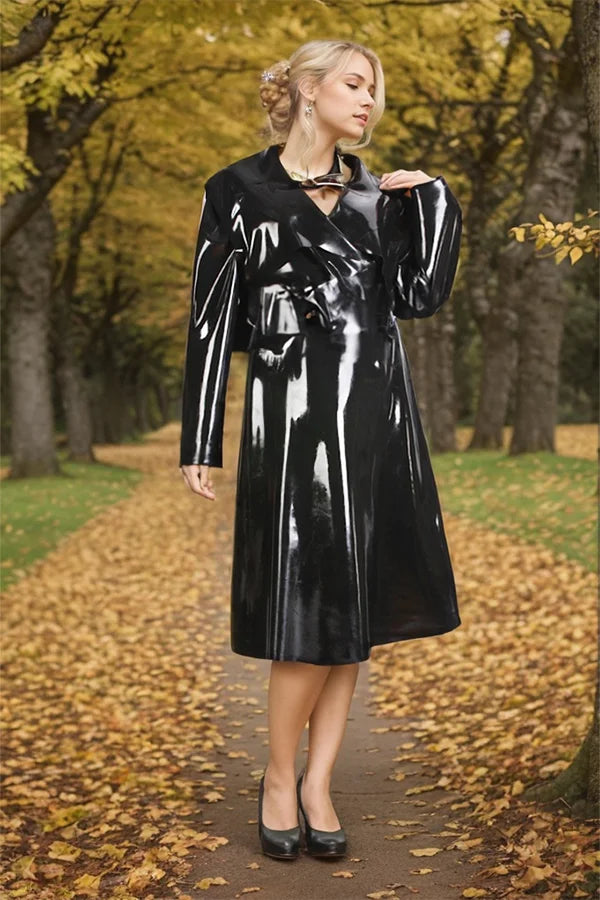 Women Latex Coats Black Trench Detachable Belt