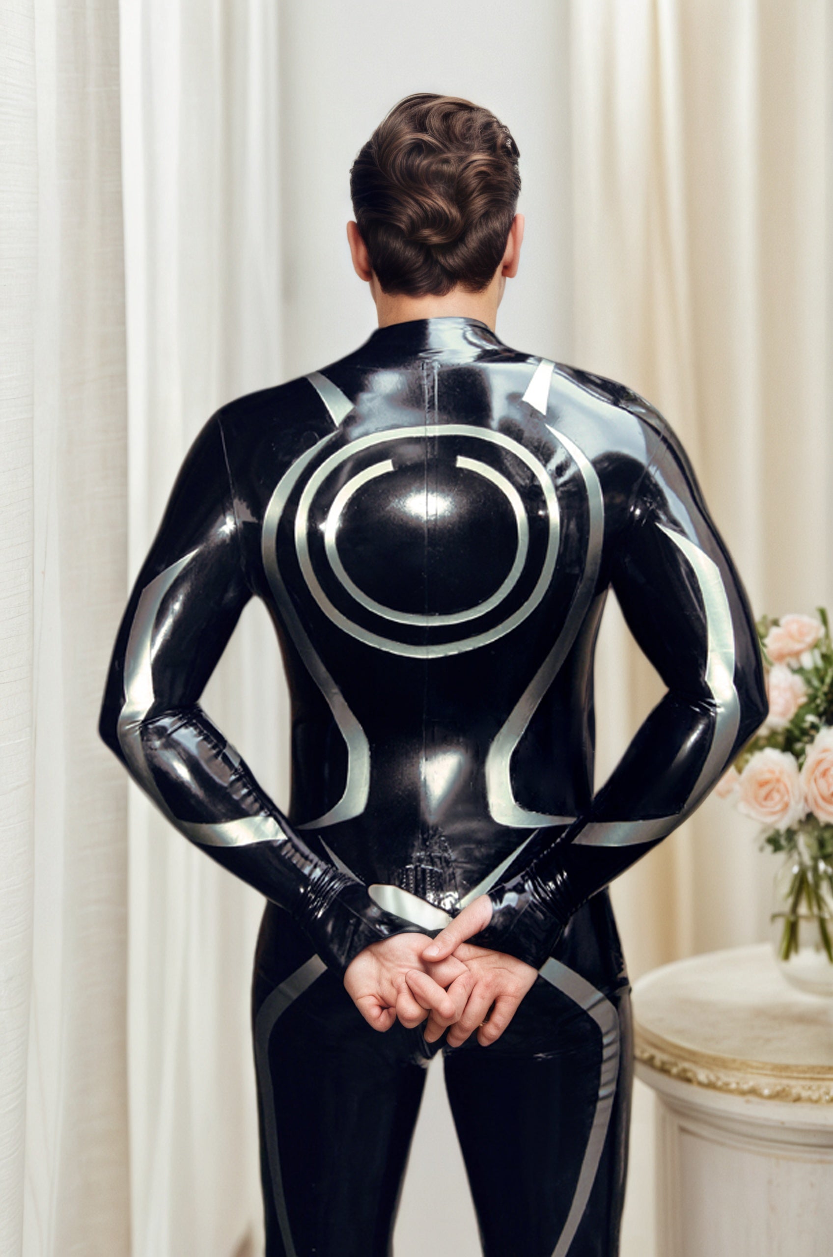 Men Latex Catsuits Black Tron Neck Entry