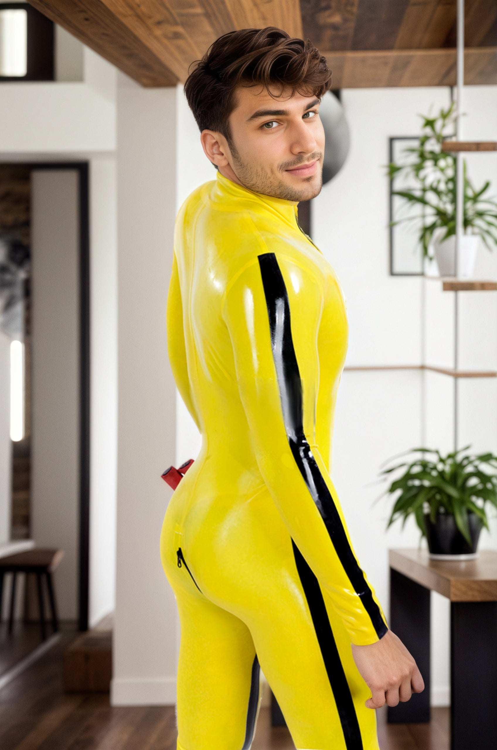 Men Latex Catsuits Martial Arts Bruce Lee Style Yellow Stripe