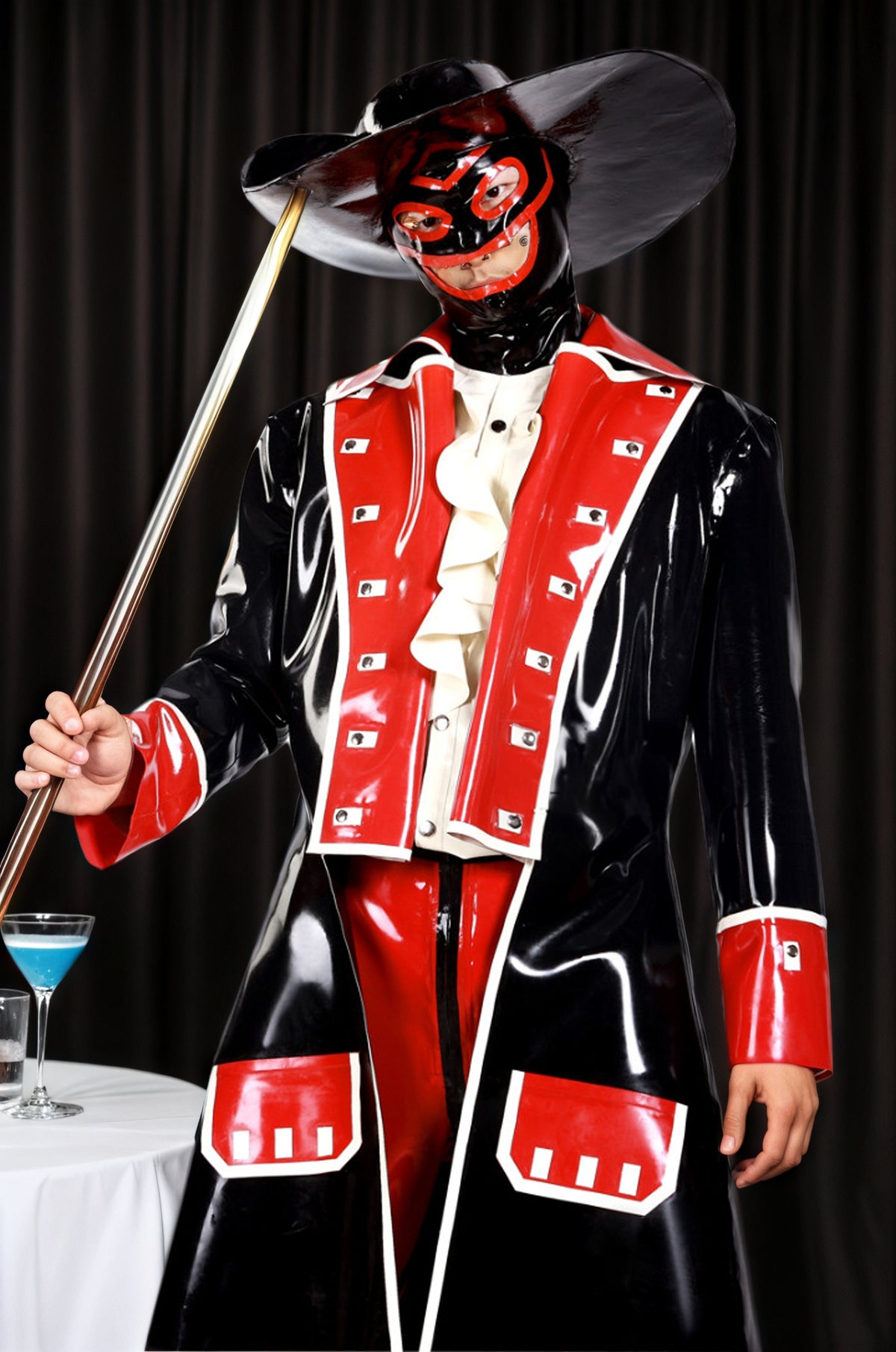 Men Red Latex Jacket Black Captain Hook Pirate Costume