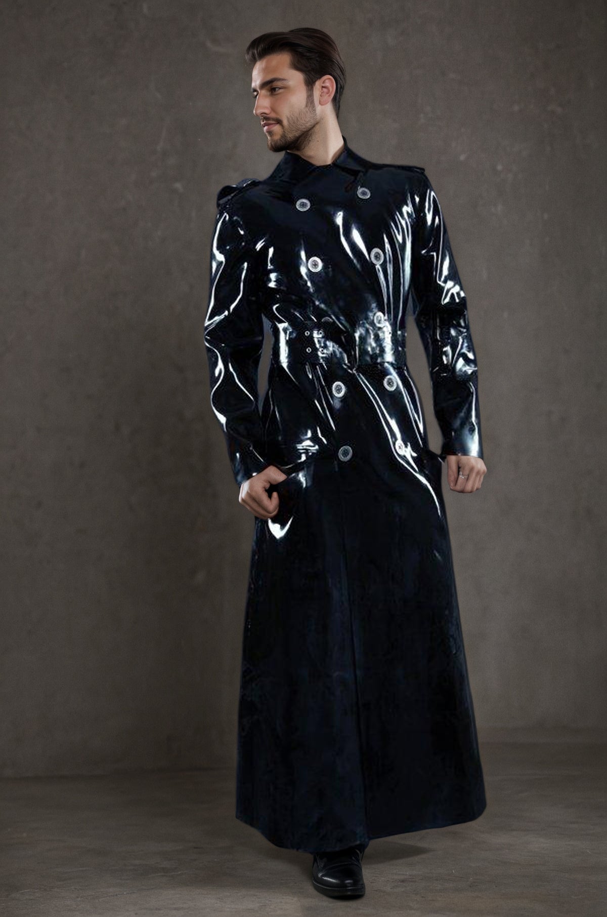 Man Latex Coats Military Style Full-Length Double-Breasted Long Trench