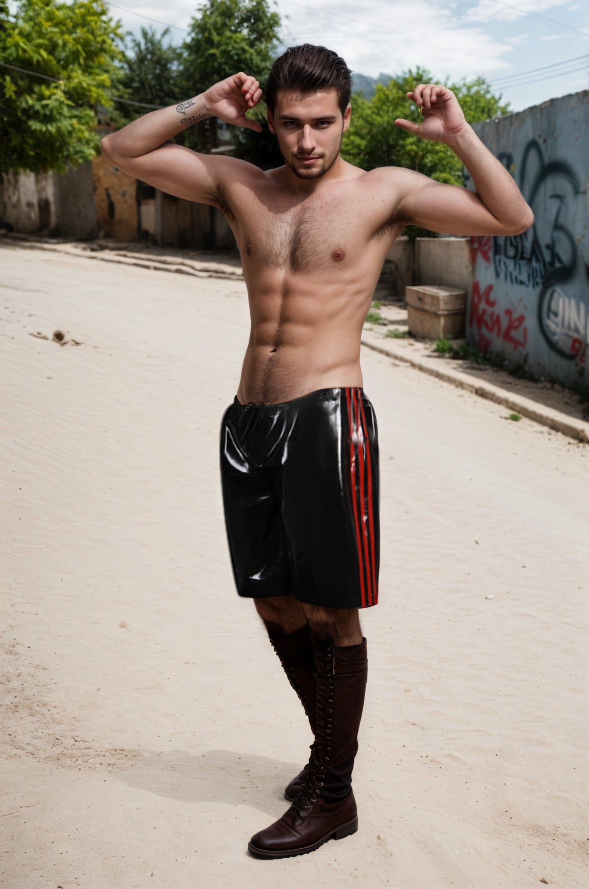 Man Latex Shorts Loose-Fitting Sports Style with Red Triple Stripes