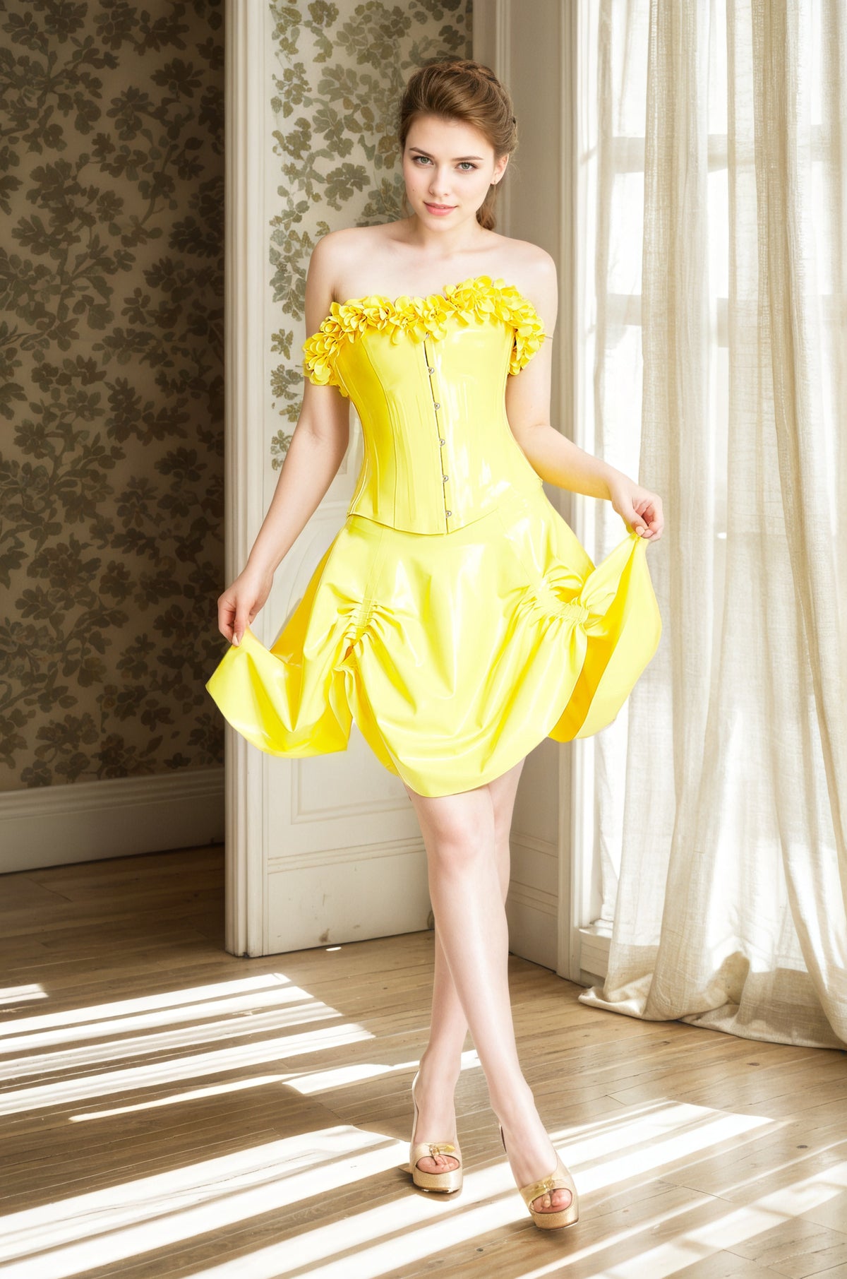 Women Latex Corsets Yellow Floral Neckline