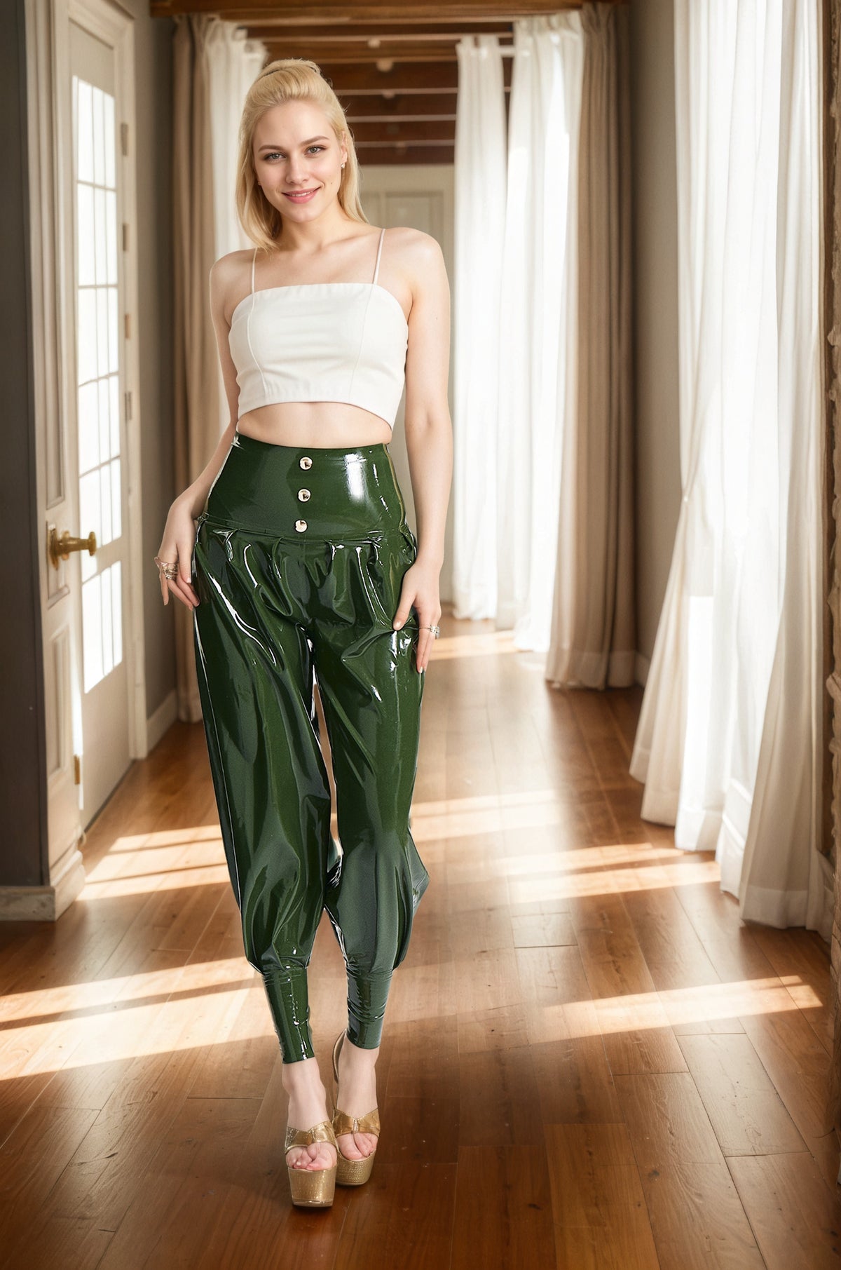 Women Latex Plans High-Waisted Harem Green Loose-Fit