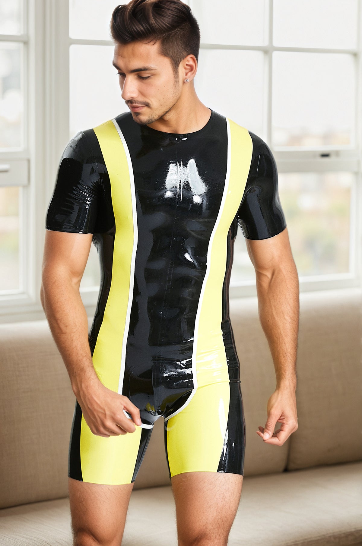 Men Latex Bodysuits Tricolor Short  Sleeved Surfsuit