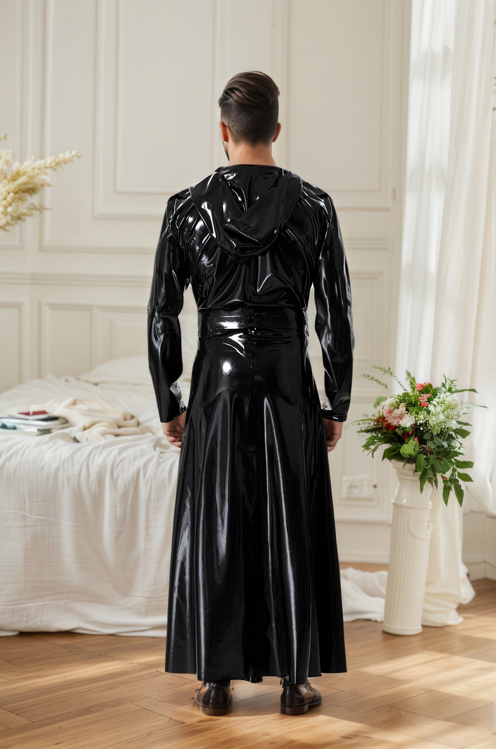 Men Latex Jackets & Coats Midnight Cavalier Hooded Long Classic Gentleman’s