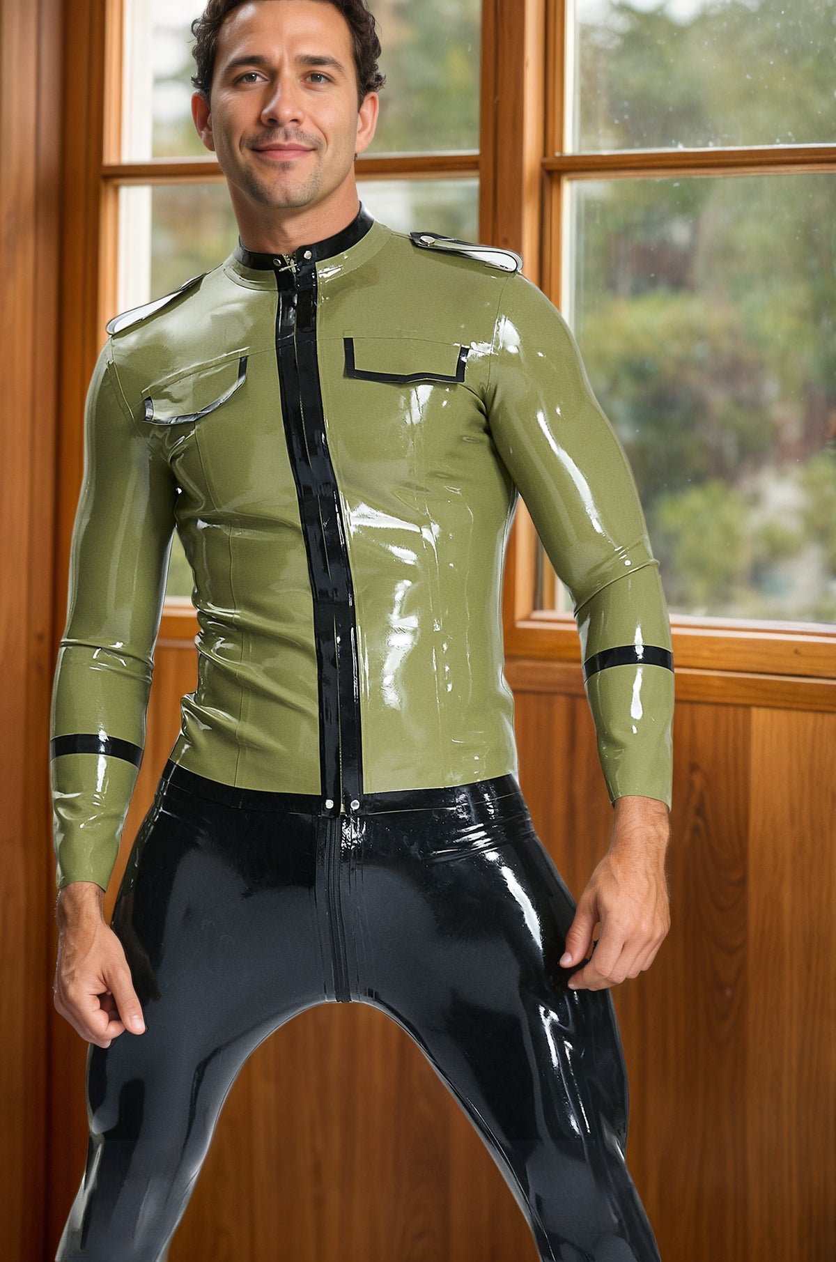 Men Latex Jackets Male Military Cadet Tunic Jacket Suit  Style Gentleman s Green