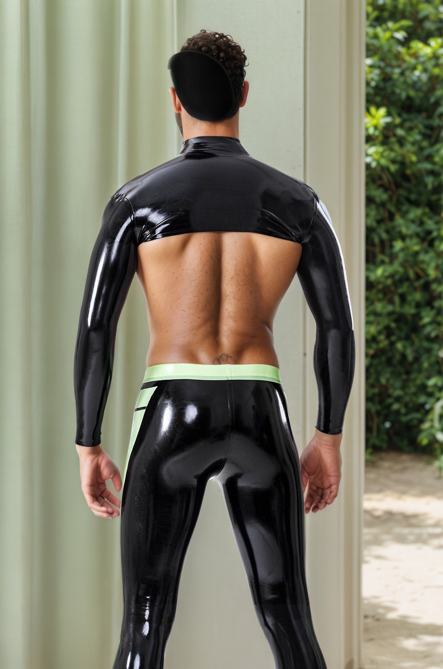 Men Latex Tops Boleros Neck Entry Long  Sleeved Shoulder Strap Classic Black Bolero