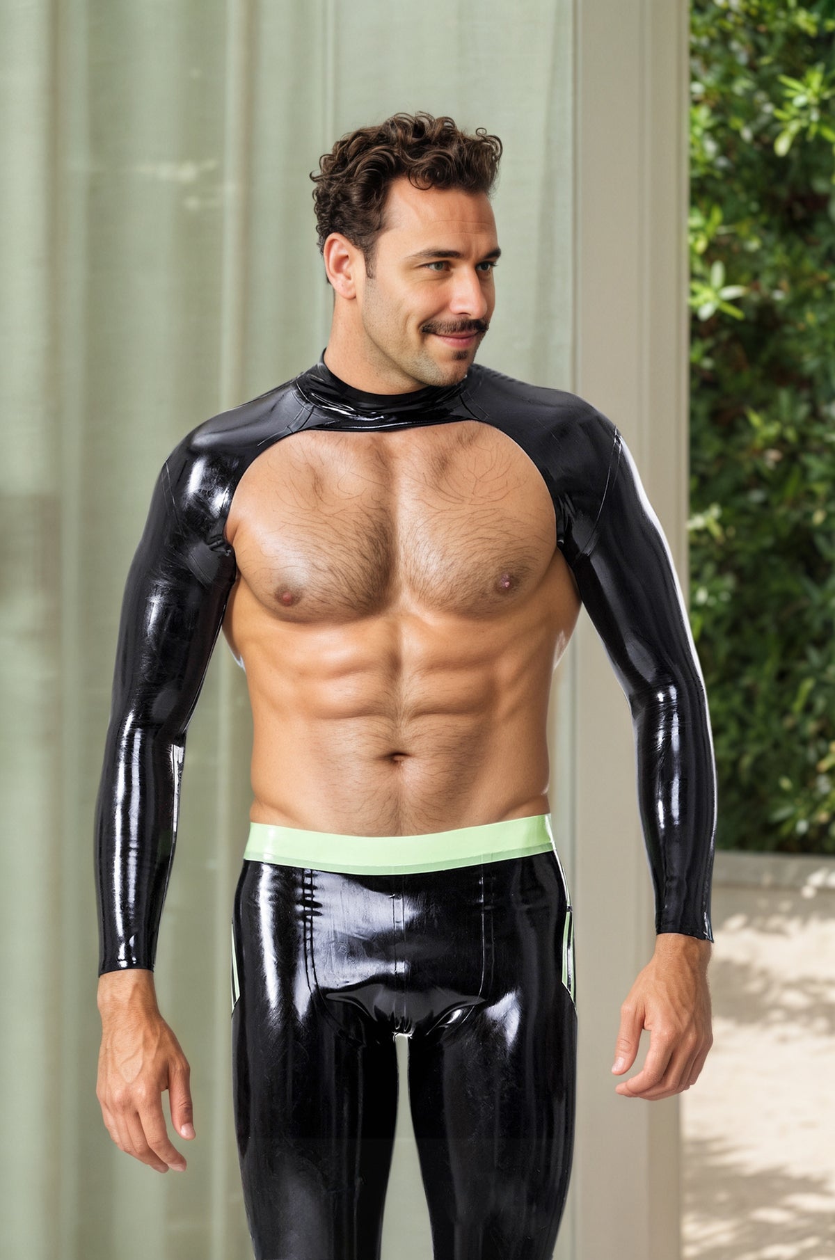 Men Latex Tops Boleros Neck Entry Long  Sleeved Shoulder Strap Classic Black Bolero