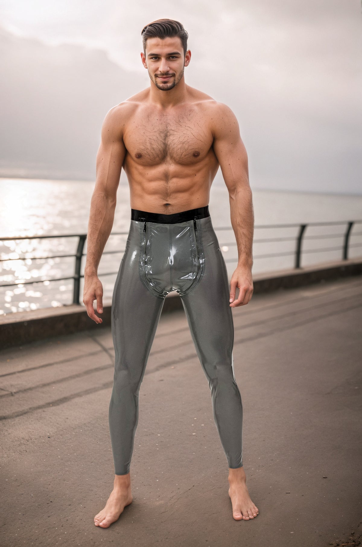 Men Latex Leggings Sailor-front Grey Black Translucent