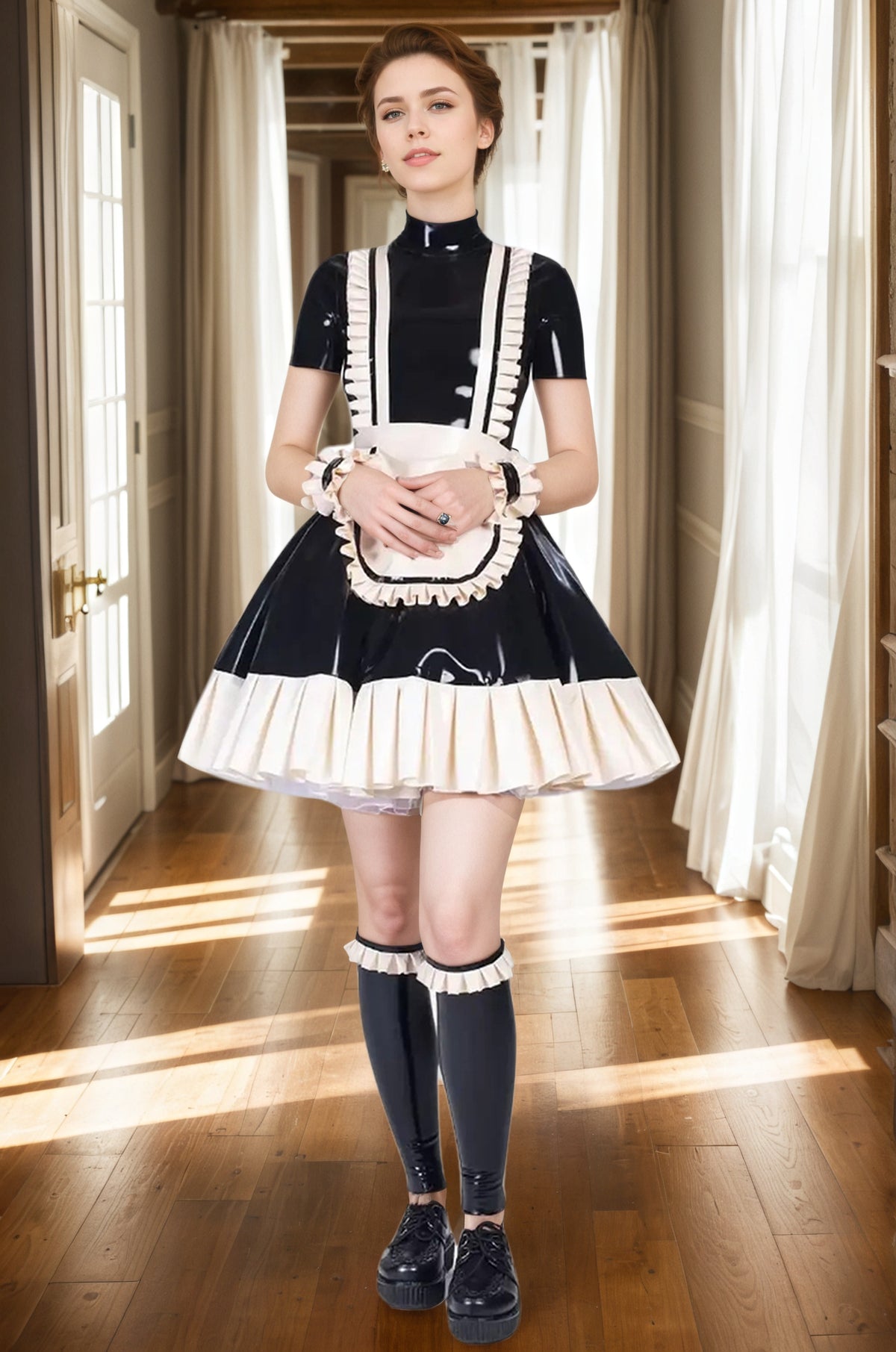 Women Latex Dresses Black Maid Dress with Ruffle Apron & Stockings Set